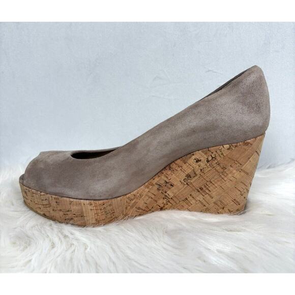 Stuart Weitzman Anna Peep Toe Suede Wedges 8 Brown Slip On Cork Platform Pumps - Picture 6 of 11